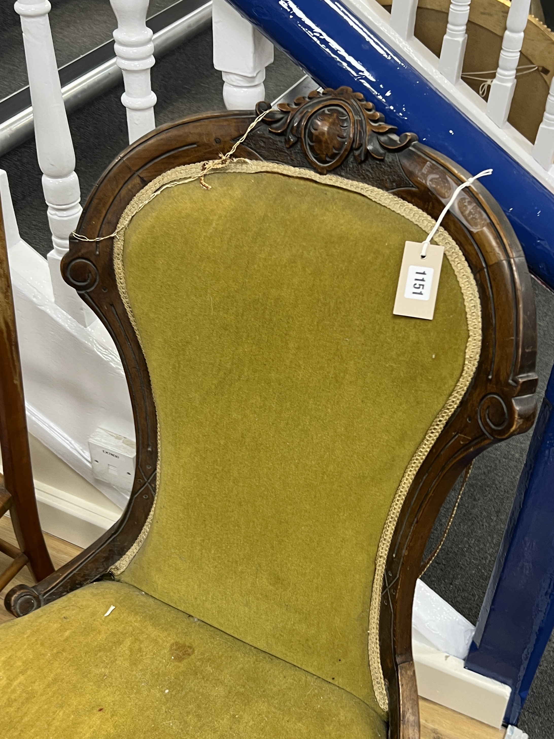 A Victorian mahogany spoon back nursing chair, height 96cm together with an Edwardian side chair